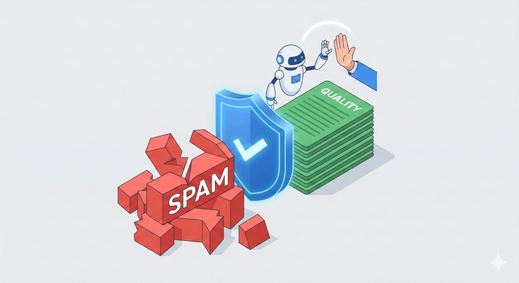Illustration showing a shield protecting high-quality content from spam, symbolizing how to avoid an AI content penalty using a hybrid human-AI workflow.