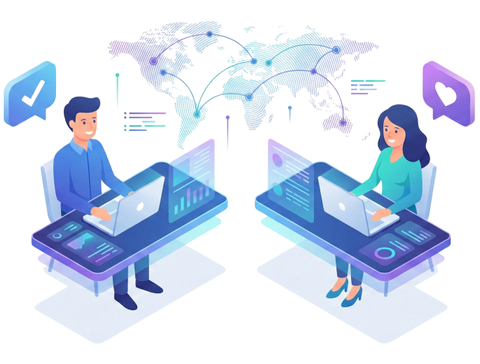 Illustration of the Contenvo support team ready to assist customers with sales and technical questions.