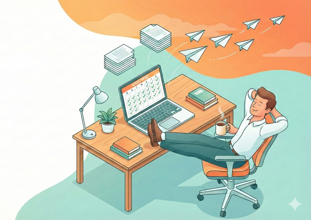 Illustration of a relaxed founder at a clean desk with a completed content calendar, demonstrating the freedom of a content batching strategy.